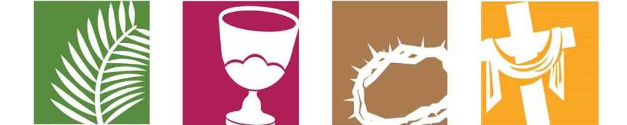 Holy Week symbols - palm branch, chalice, crown of thorns, cross.