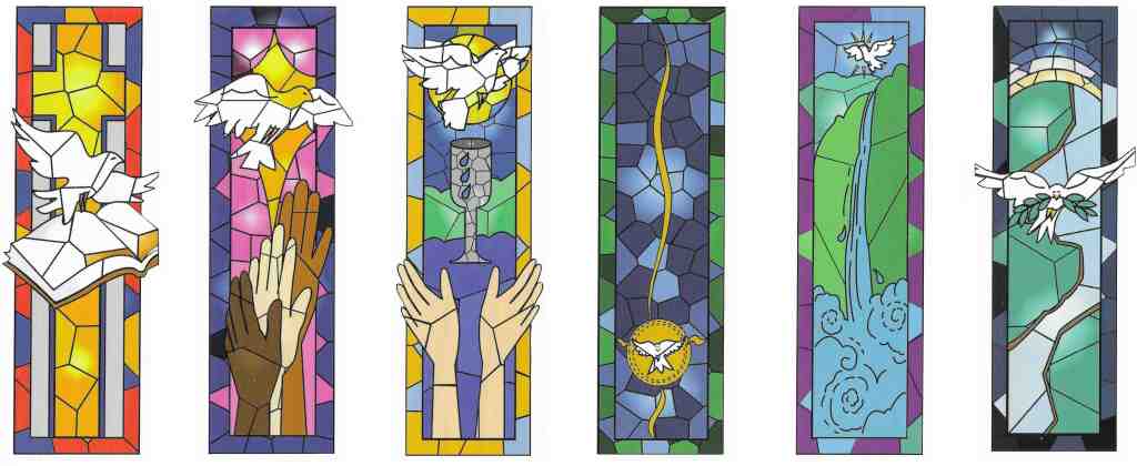 Quilted banners depicting the Great Ends of the Church