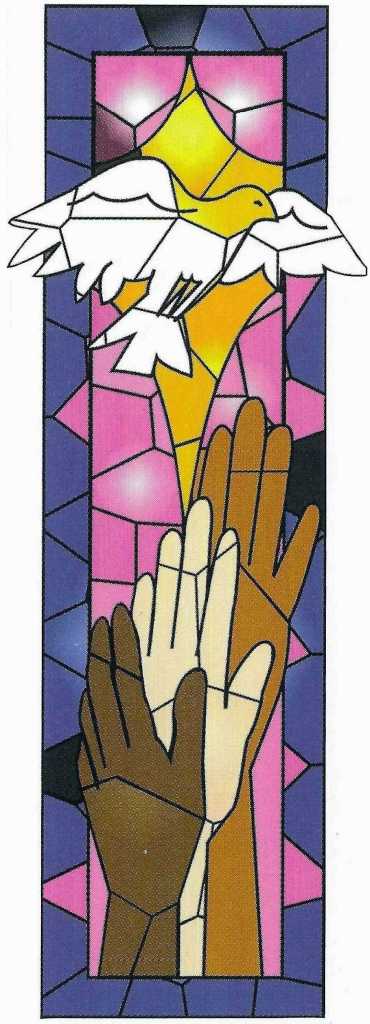 Banner with dove above multi-hued hands