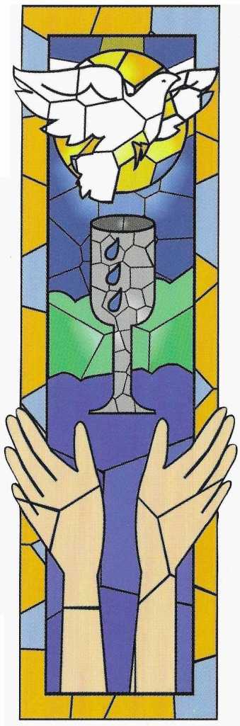 Banner with dove, chalice, drops of water and raised hands