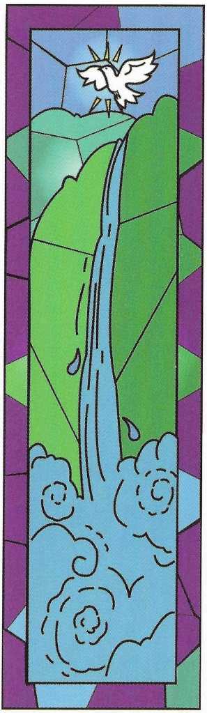 Banner with dove flying over a waterfall
