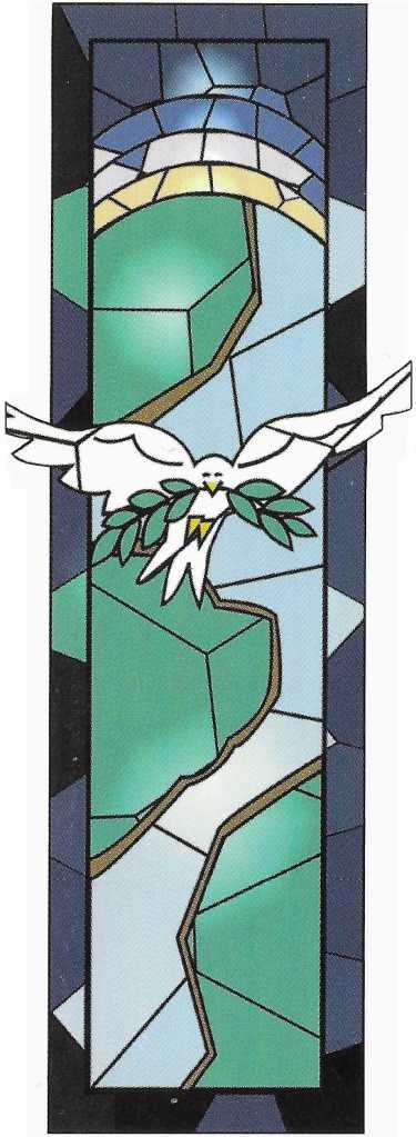 Banner with dove holding an olive branch flying over the globe