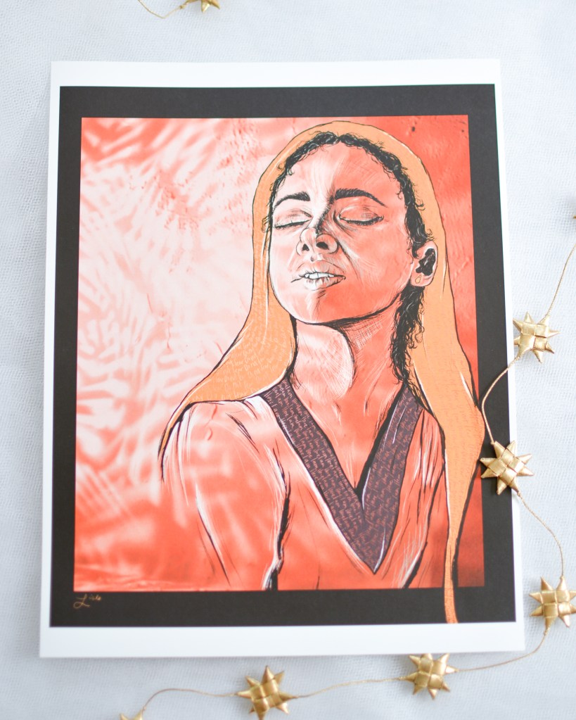 Face of Mary with eyes closed and back turned toward angel. 